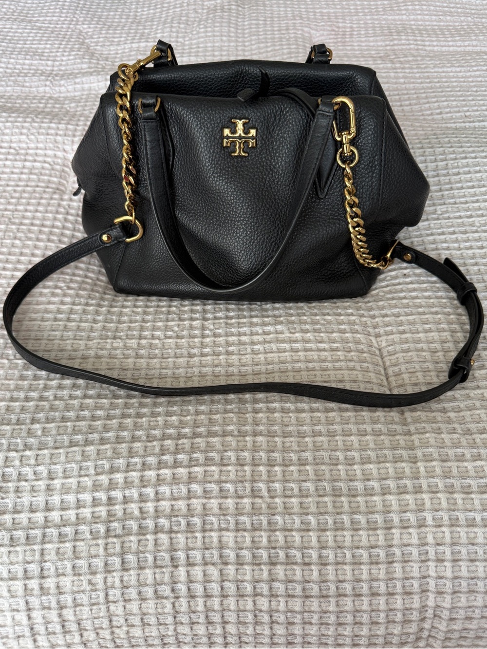 Tory Burch Kira Pebbled Leather Satchel Black Gold Hardware Crossbody